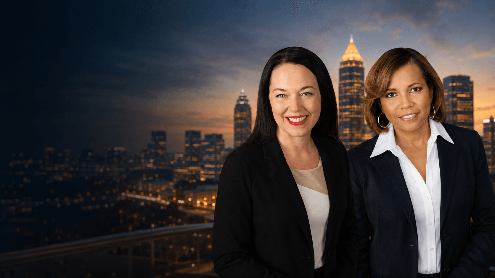 Carlton & McAdams managing partners against the Atlanta skyline at dusk
